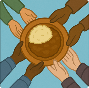 Food waste illustration showing a chef, various food items, and a sad croissant